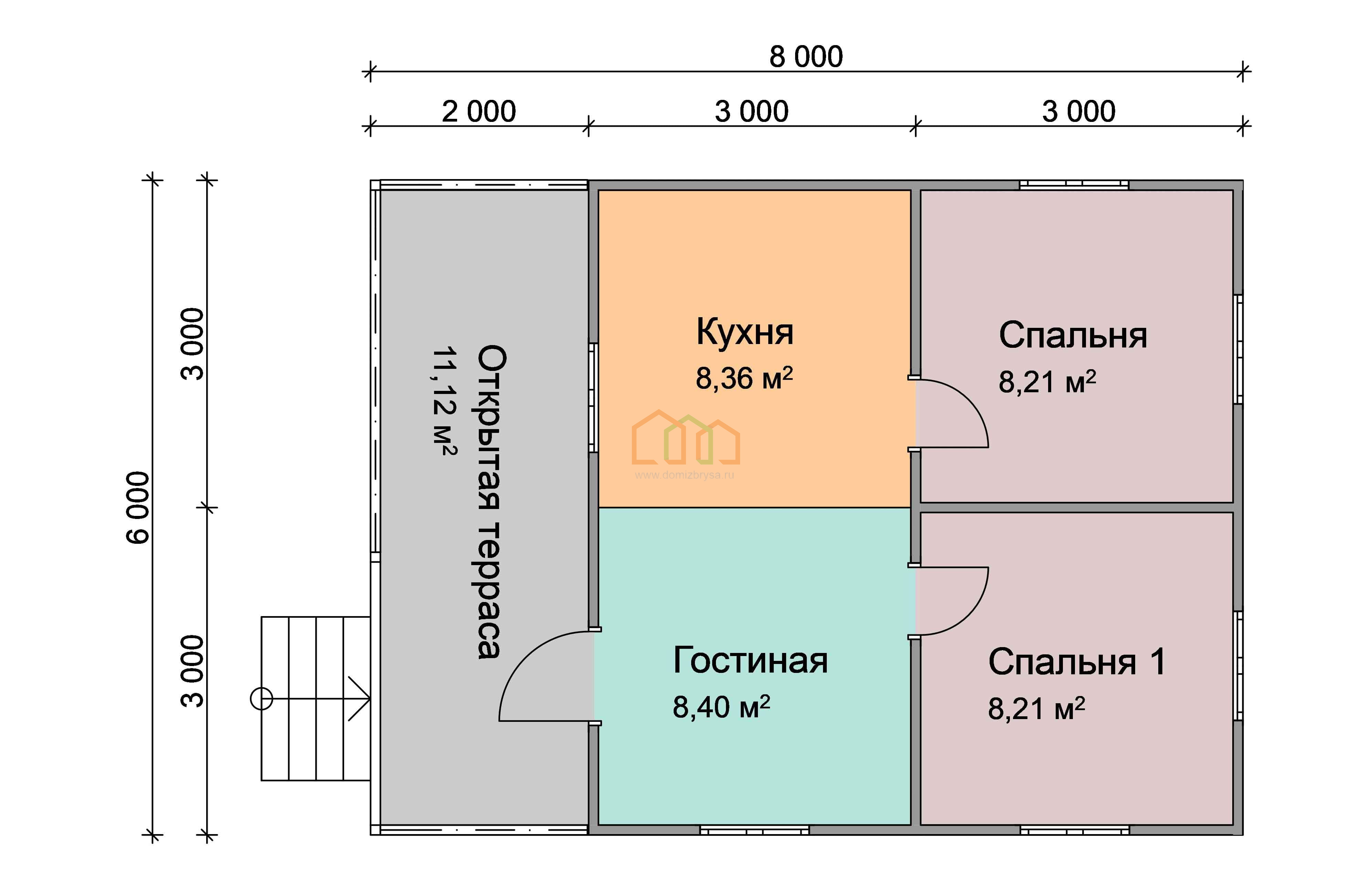 Планировка дома 6х8 одноэтажный с 2 спальнями