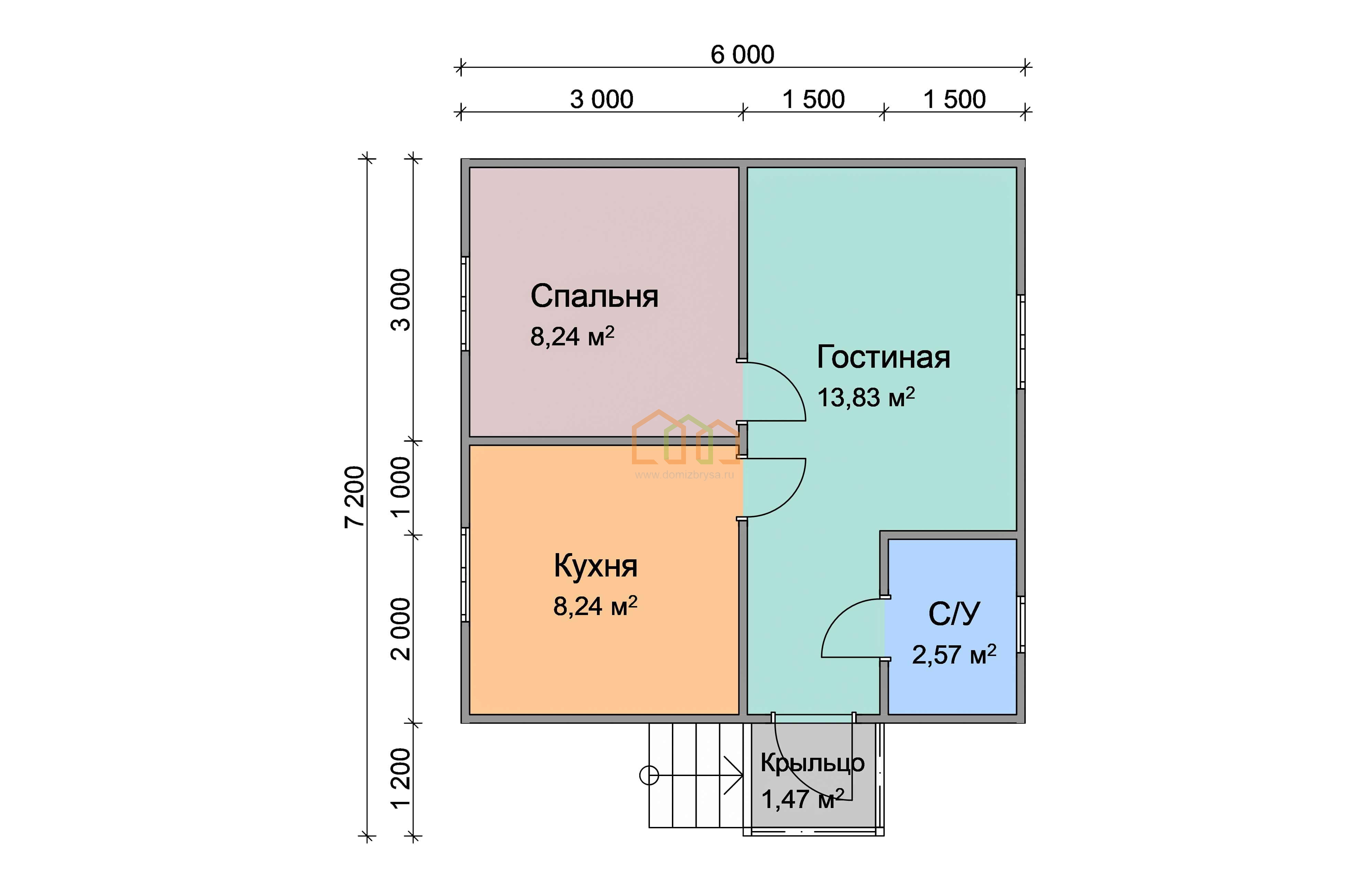 Дом из бруса одноэтажный 6х6 купить в Рязани цена 819500, площадь: 39 м2,  Брус 90х140 мм. с крыльцом